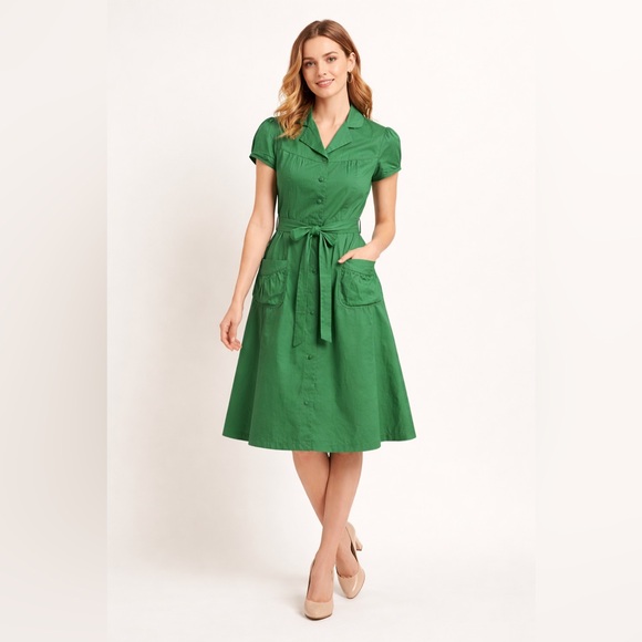 Forever Brand Dresses & Skirts - Vintage Forever Green Cotton Fit and Flare Dress 50s Inspired Tie Waist